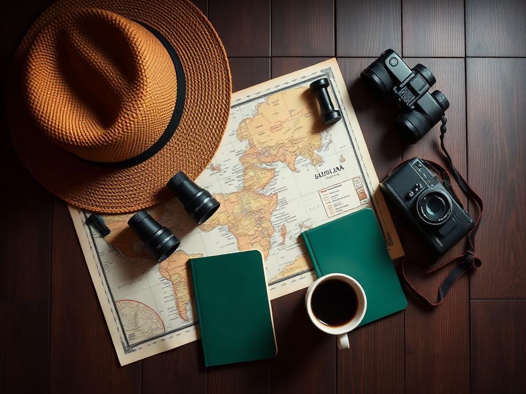 Hat, map, binoculars and notebook laid out
