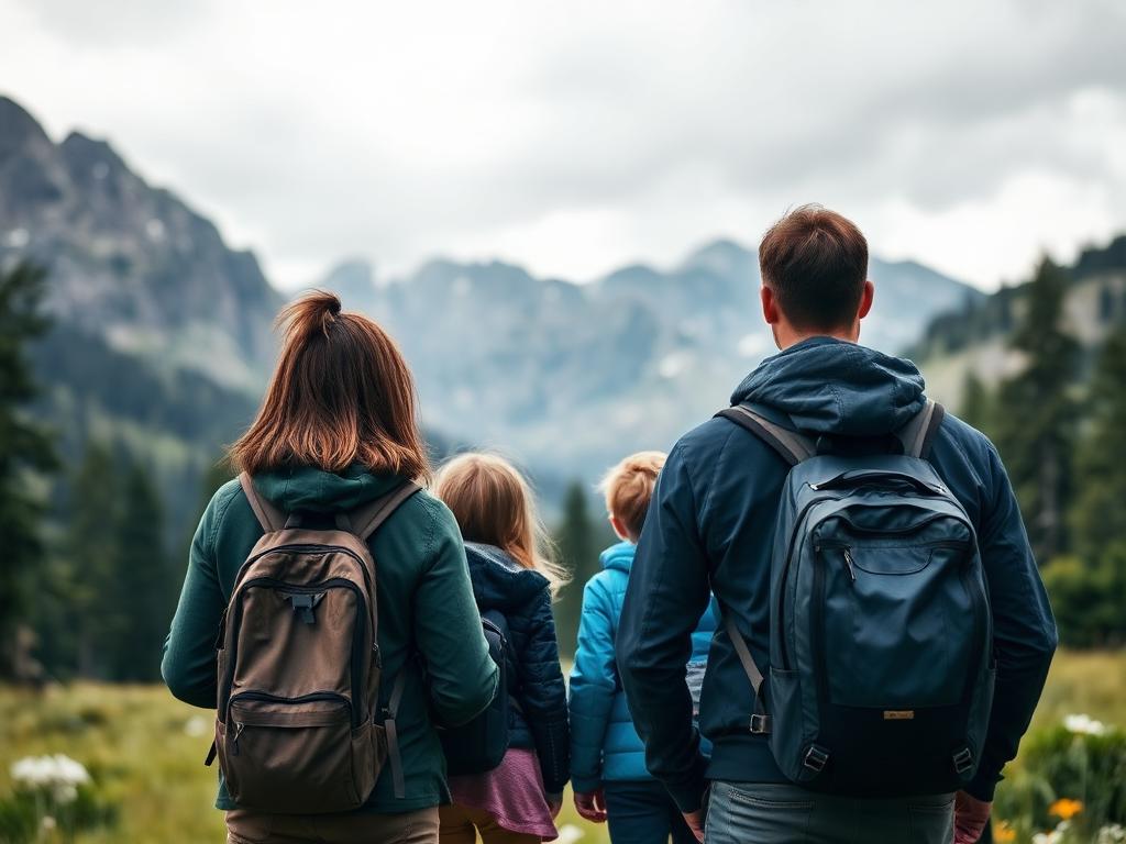 Family looking out at a mountain range