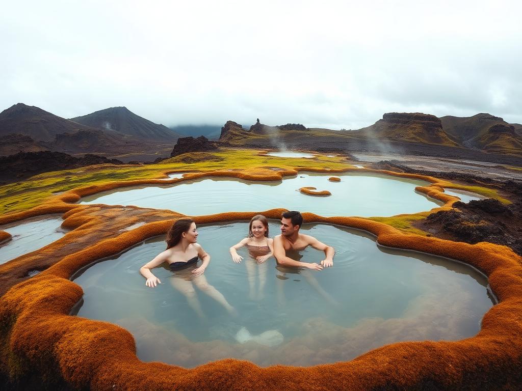 Family in a geothermal hot spring