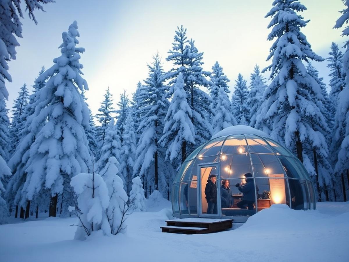 Glass igloo in a snowy Finnish forest