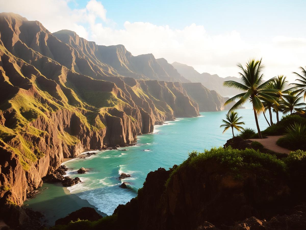 Green sea cliffs and turquoise water in Hawaii