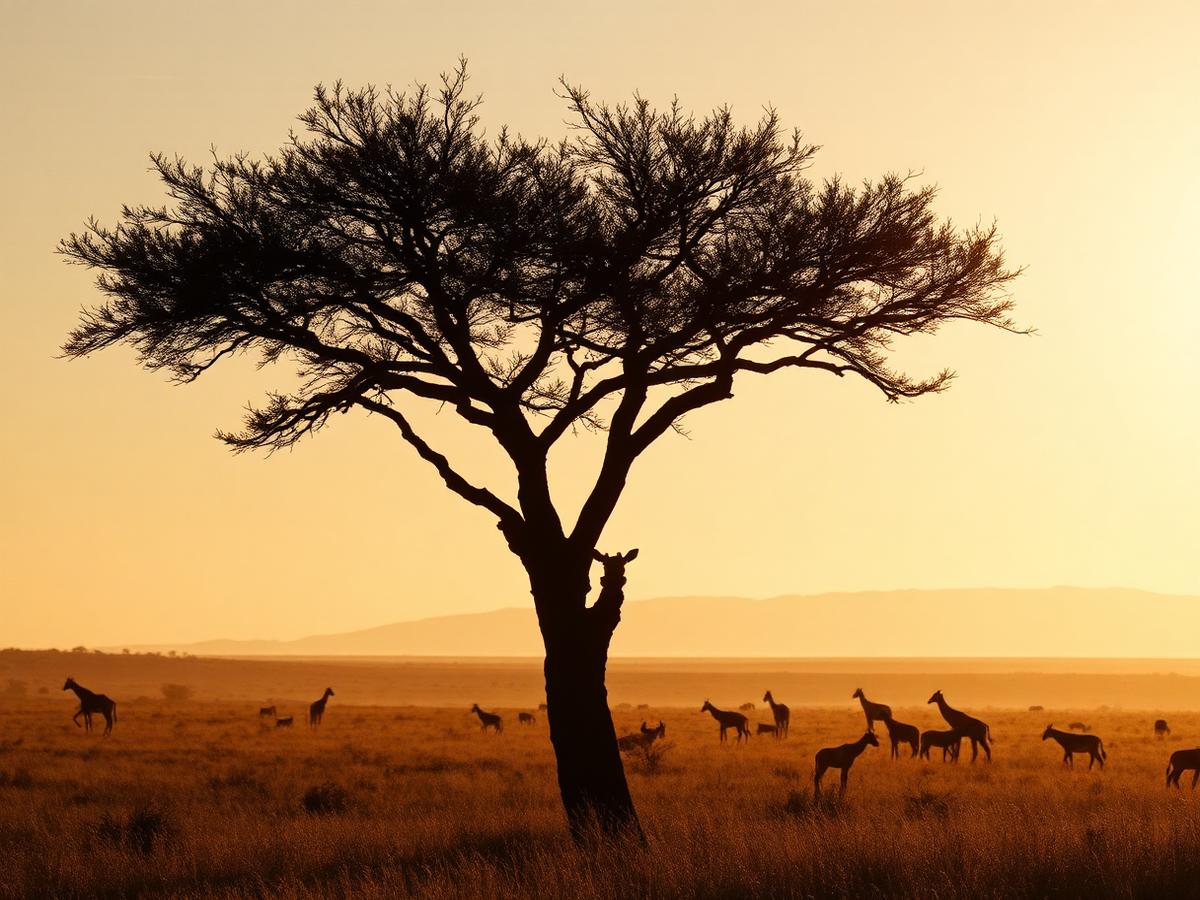 Acacia tree and wildlife on the Serengeti at sunset