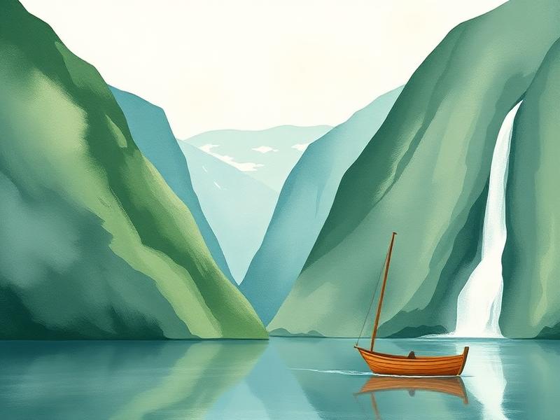 Illustrated Norwegian fjord with a boat