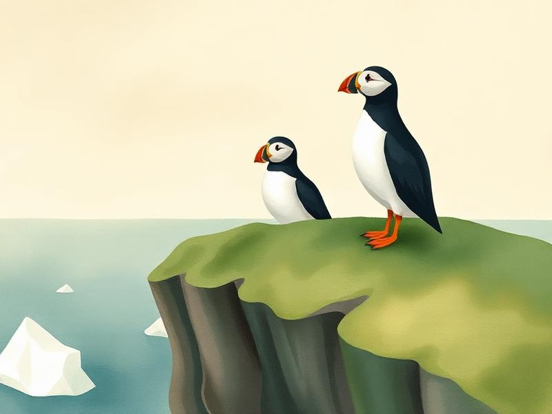 Illustrated puffins on an Icelandic cliff
