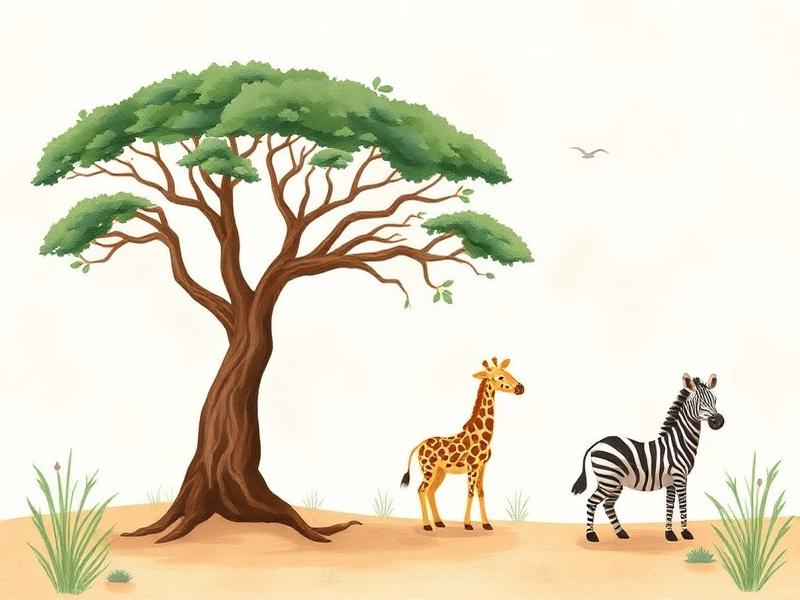 Illustrated savanna with giraffe and zebra