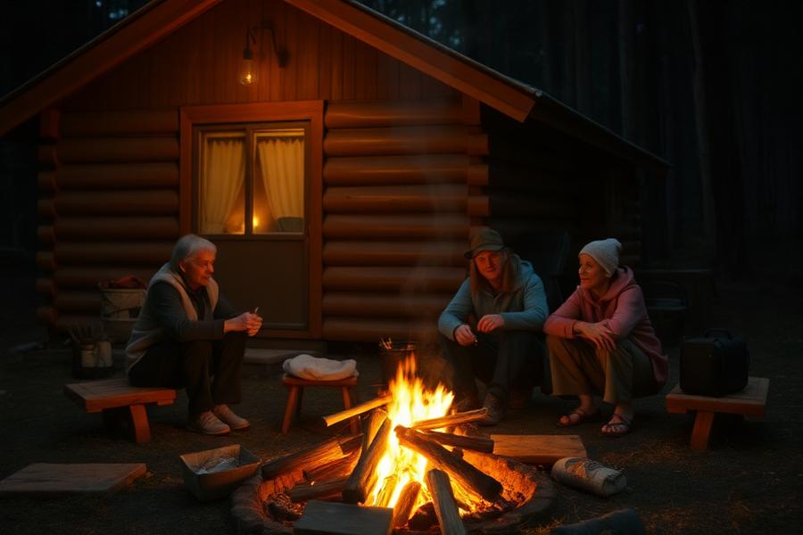 Family around an evening campfire