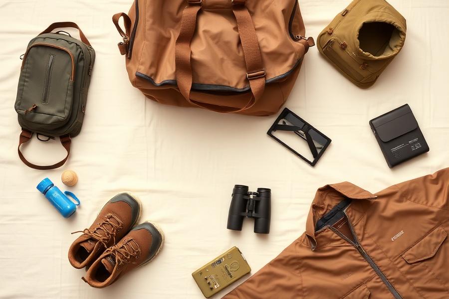 Family travel gear laid out flat
